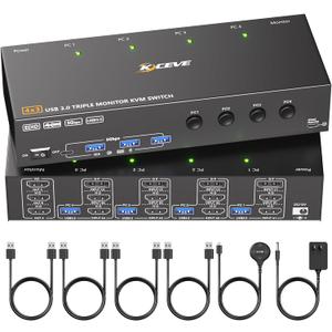 KVM Switch 3 Monitors 4 Computers 4K@60Hz,EDID Simulation,HDMI Displayport Triple Monitor KVM Switch,3 Monitor KVM with 4 USB 3.0 Ports for Keyboard Mouse, Wired Remote and 4 USB3.0 Cables Included