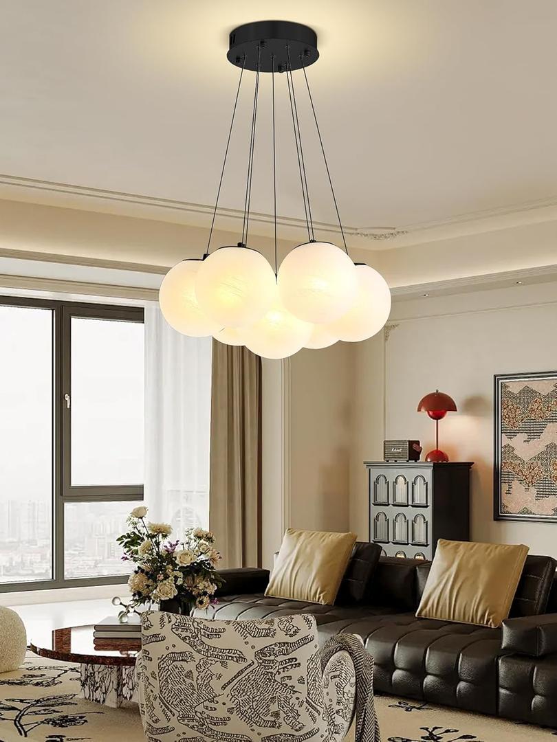 Modern Bubble Chandelier Lighting 7-Light Mid-Century White Glass Globe Chandeliers Cluster Pendant Light Black Hanging Chandelier for Bedroom Living Room