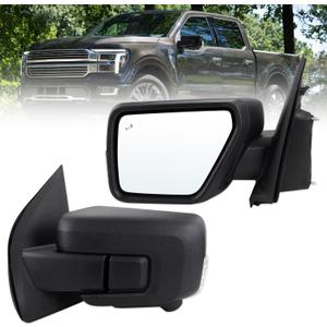Left Driver Side Mirror Compatible With 2021-2026 Ford F150 With Manual Folding Power Glass Heated Blind Spot Turn Signal Light Matte Black Replace#ML3Z17683TA (9Pins)