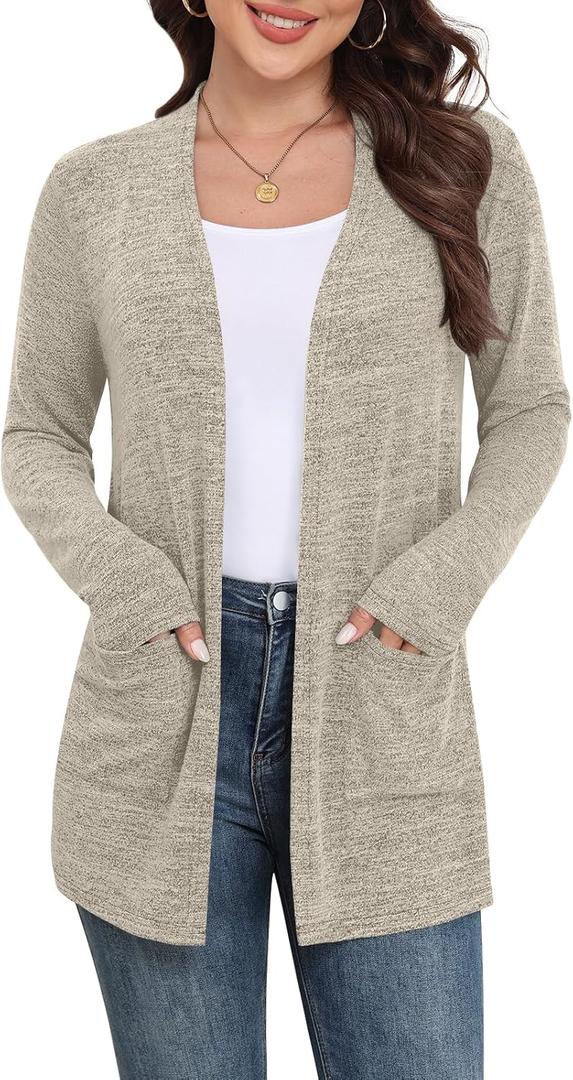 Yincro Womens Lightweight Cardigan Long Sleeve Open Front Casual Sweater Cardigans with Pockets (Beige, XL)