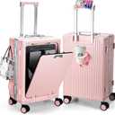 MRPLUM Front Pocket Carry On Luggage,PC Hardside Spinner Wheel Suitcase with TSA Lock,Cup Holder,Phone Holder&USB Charging Port,Pink(1 Piece)