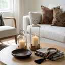 Metal Candle Holder with Handmade Glass Dome in Brass, 5" & 4" Wide Versatile Hurricane Glass Candle Holders Set of 2, for Pillar Candles & Plants (Brass)