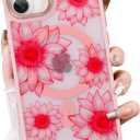 OOK Pink Case Design for iPhone 16 Case [Compatible with MagSafe], Cute Sunflower Floral Blooms Design Frosted Shockproof for Women Girls Magnetic Phone Cover - Pink Flower