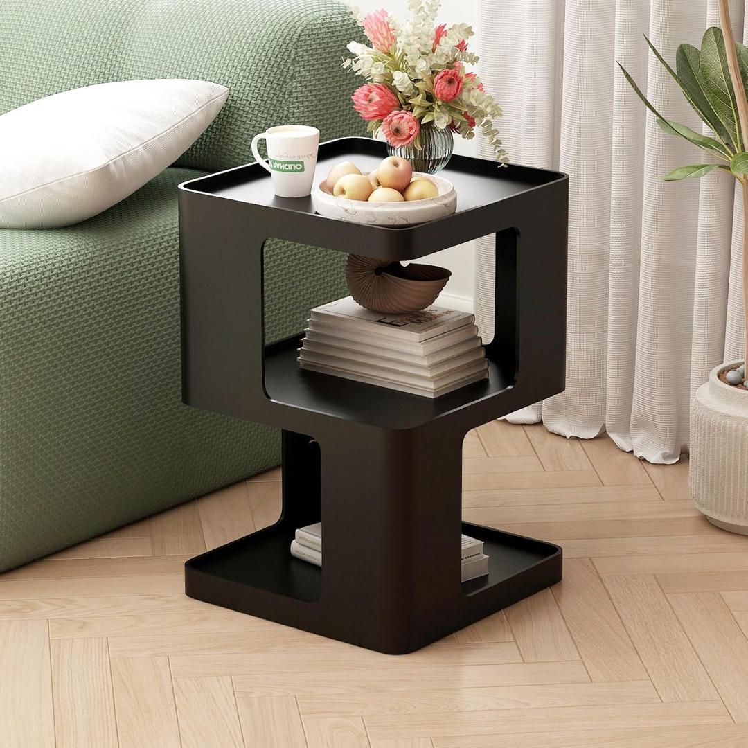 Metal Black Nightstands, Modern Side Table with 3 Tiers Storage, Small End Table for Couch, Bedside Tables No Assembly Required