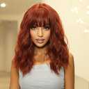 Ginger Red Bob Wig For Women Heat Resistant Synthetic Shoulder Length Loose Wavy Wig With Bangs Curly Bob Wigs Medium Length 14inch (Ginger Red Color)