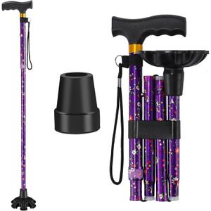 Walking Cane ATMTV Cane for Woman | Mobility & Daily Living Aids | 5-Level Height Adjustable Walking Stick | Comfortable Plastic T-Handle Portable Folding Cane with Replace Tip Purple Flower
