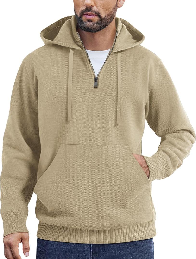 COOFANDY Mens Knitted Hoodie Sweater Long Sleeve Turtleneck Quarter Zip Pullover Sweaters with Pocket (Medium, Khaki)