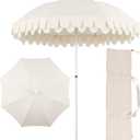 JONATHAN Y UMB1004C Horizon 6.5 ft. Classic MidCentury Scalloped Fringe Market Beach Umbrella with Push-Button Tilt, Wind Vent and UV Protection, and Matching Carry Bag in Cream/White, White Pole