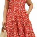Keluummi Women's Plus Size Short Sleeve Empire Waist A-Line Midi Dress | Lightweight, Flutter Sleeve, Tiered Hemline, Pockets, Floral Print, For Spring Summer, For Wedding Guest Casual Graduation, 18