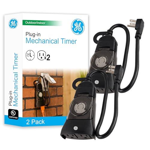 GE 24-Hour Heavy-Duty Outdoor Mechanical Timer, 2 Grounded Outlet Timеr, Programmable Daily Cycle, 30-Minute Interval Outdооr Timer, Weather Resistant, Outdoor Light Timеr, Black, 2 Pack, 46224