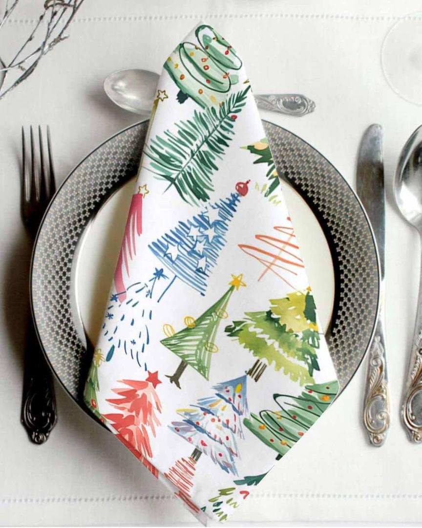 Washable Cloth Napkins Set of 6, Christmas Tree Colorful Pine Tree Soft Table Dinner Napkins Cloth, Watercolor Xmas Trees Cartoon Style Reusable Napkin for Party/Home/Wedding/Kitchen (White Light Green Gray Blue)