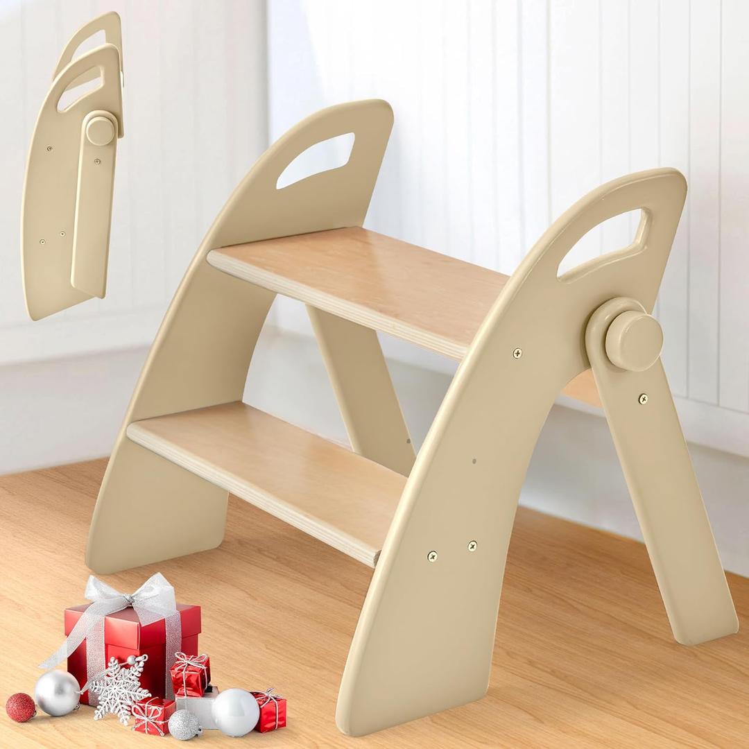 Wooden Step Stool, 300 lb. Load Capacity, with Safety Non-Slip Pads and Handles, Bamboo Step Stool for Bathroom and Kitchen, Gift for Christmas (Log Color)