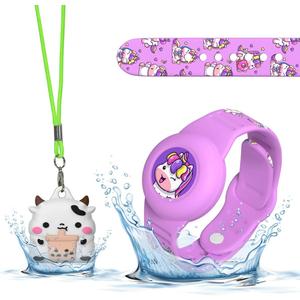 2Pack for Air Tag Bracelet & Airtag Necklace, Cute Wristband Air tag Holder Kids Hidden Soft Silicone AirTag Accessories Compatible with Apple AirTag for Child, Waterproof, Adjustable (Cow+Unicorn)