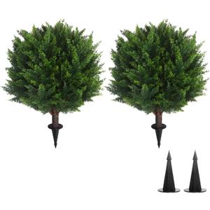 22''T Artificial Cedar Topiary Ball Tree 2 Pack, Outdoors Artificial Shrubs Faux Plants Uv Rated Perfect for Outdoor, Indoor - Easy to Install.