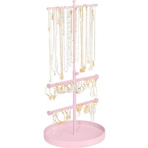 Jenseits Jewelry Holder Organizer Stand, 3 Tier Necklace Organizer Earring Holder Tree, Adjustable Height Jewelry Display Towers, Long Necklaces Bracelets Jewelry Storage Rack Gift For Women, Girls (Pink)