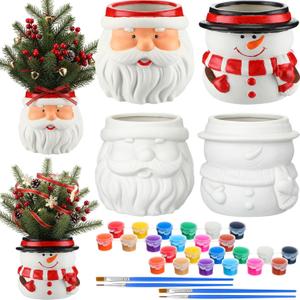 LemonRoad 4 Pcs 4.84" Christmas Santa Ceramic Planters Paint Color Your Own Snowman Santa Claus Pot DIY Ceramic Holiday Flower Pot Painting Craft Kit for Xmas Indoor Home Office Desk Decorate