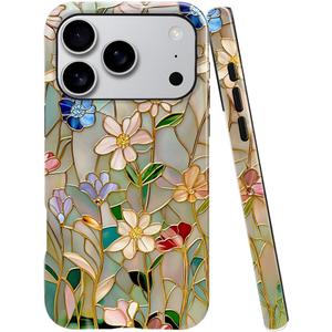 Case Compatible with iPhone 17 Pro,Fall Prevention Bright Hybrid 2-Layer Hard Shell Phone Case for Girls Boys,Stained Glass Bloom Flower