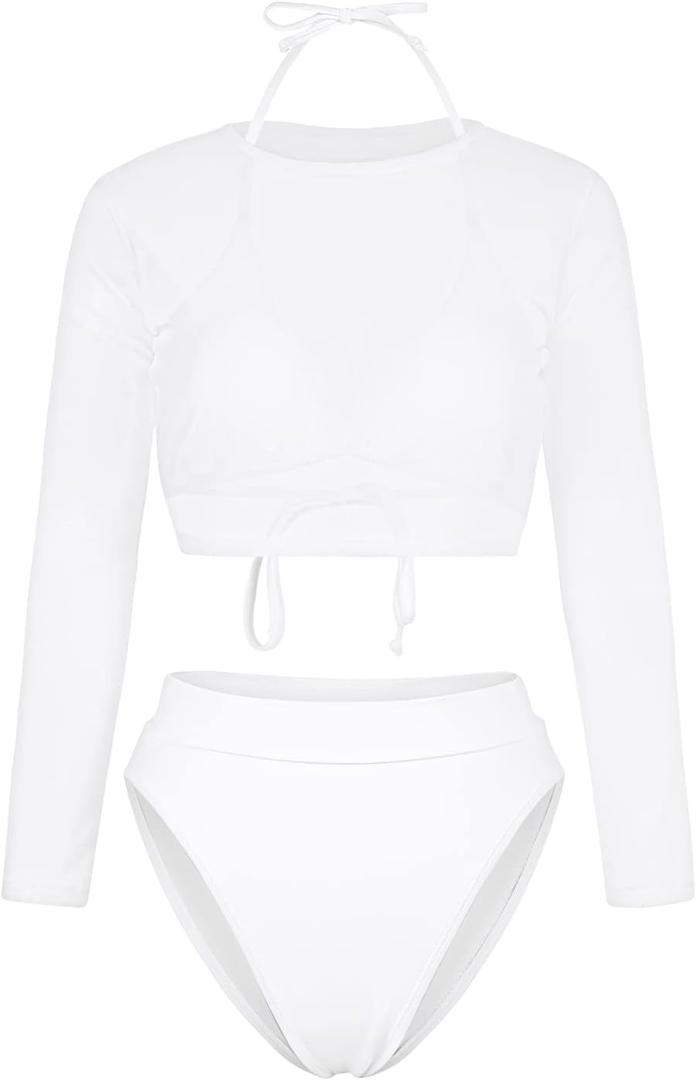 Kisscynest Women's Push up Pad Long Sleeves Shirt 3pcs Bikini Sets Swimwear White XL