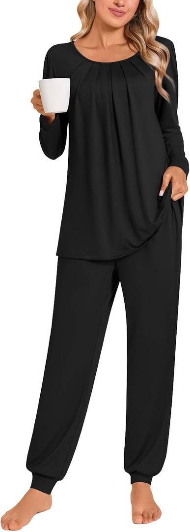Anymeet Womens Pajama Sets Fall Winter Long Sleeve 2 Piece Sleepwear Soft Lounge Outfits with Pockets (Black, XL)