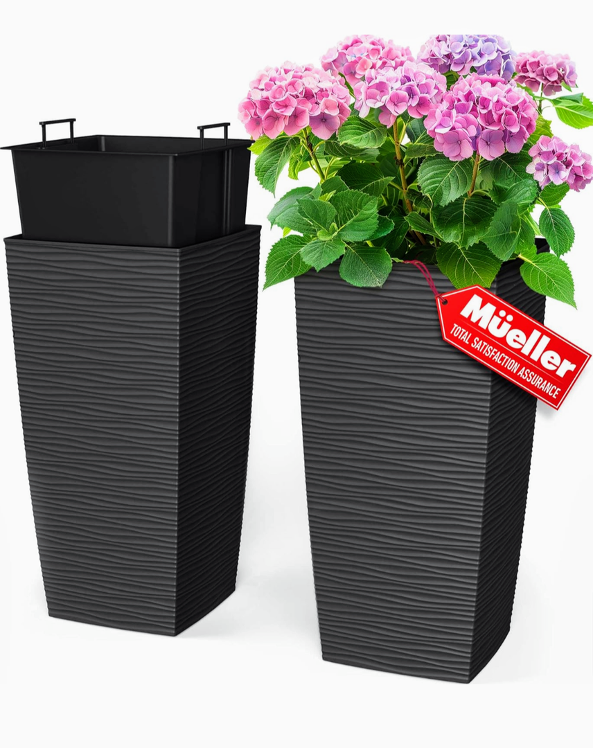 Mueller M-Resin Heavy Duty Tall Planters for Outdoor Plants, Indoor Grande Plant Pots, Boxes, Trees, Flower Pots, 2-Piece Set, 24, Modern Design, Built-in Drainage, Front Porch Decor, Mocha (24" x 11.5")
