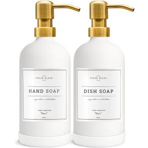 Vine Creations Glass Soap Dispenser, 2 Pack Kitchen Soap Dispenser Set with Stainless Steel Pump, 16 oz Dish Soap and Hand Soap Dispensers for Bathroom with Waterproof Labels (White) (Matte White Bottle / Gold Pump)