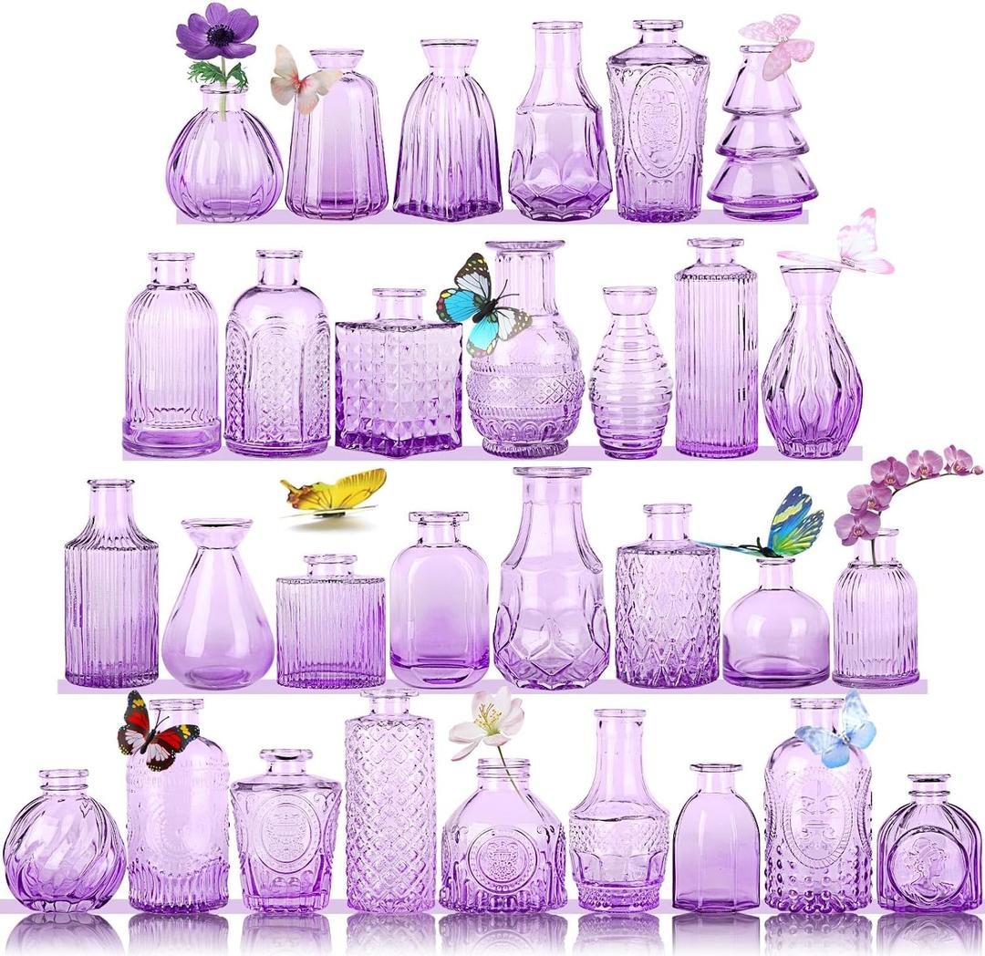 Glass Bud Vases in Bulk Set of 30 Pcs, Small Glass Vases for Flowers as Wedding Centerpieces for Tables, Clear Flower Vases Suitble for Wedding Decorations, Home Decor (Light Purple, 30 pcs)