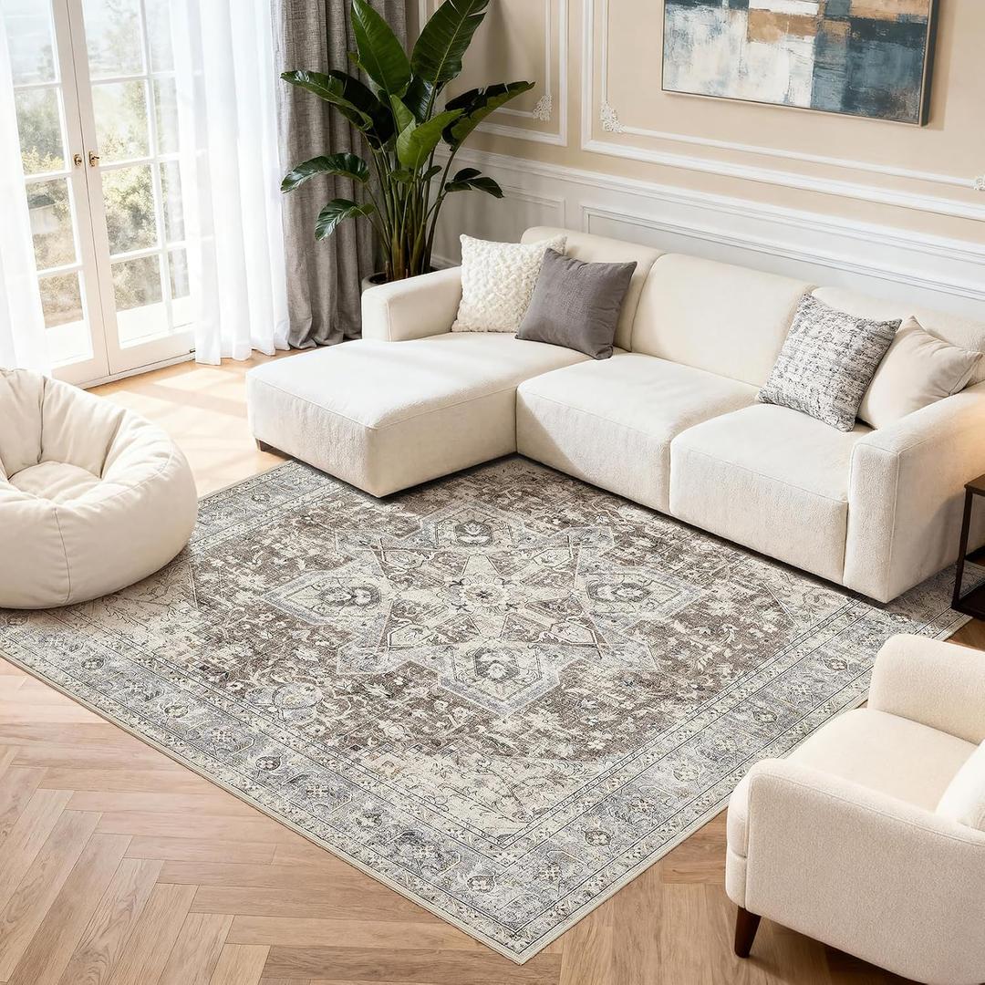 Tortania 8' Square Area Rug Living Room Rugs - Washable Boho Rug Vintage Oriental Distressed Farmhouse Large Thin Indoor Carpet for Bedroom Under Dining Table Home Office - Brown Blue
