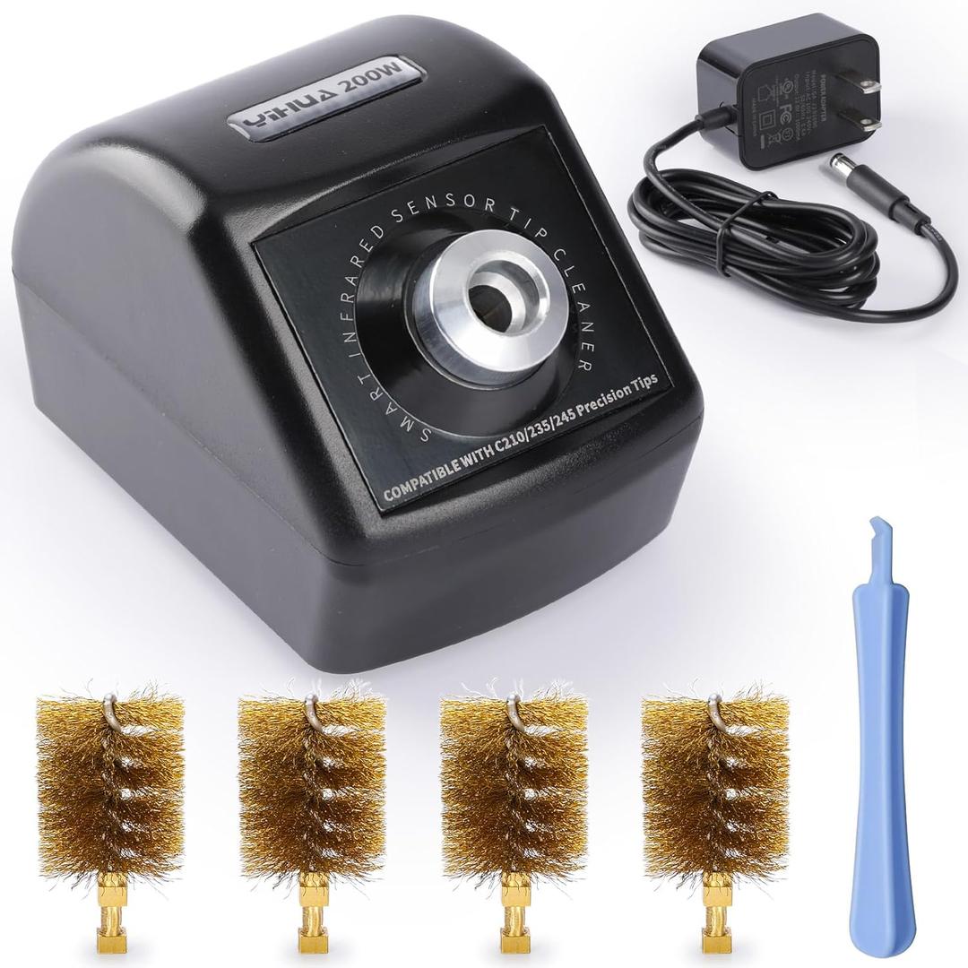 YIHUA 200W Motorized Soldering Tip Cleaner with Infra-red Sensor, 6 Brass Wool Brushes, 12V Power Adapter, Pry Bar  Compact Soldering Iron Tip Cleaner, Compatible with YIHUA C210, C245, C235 Tips