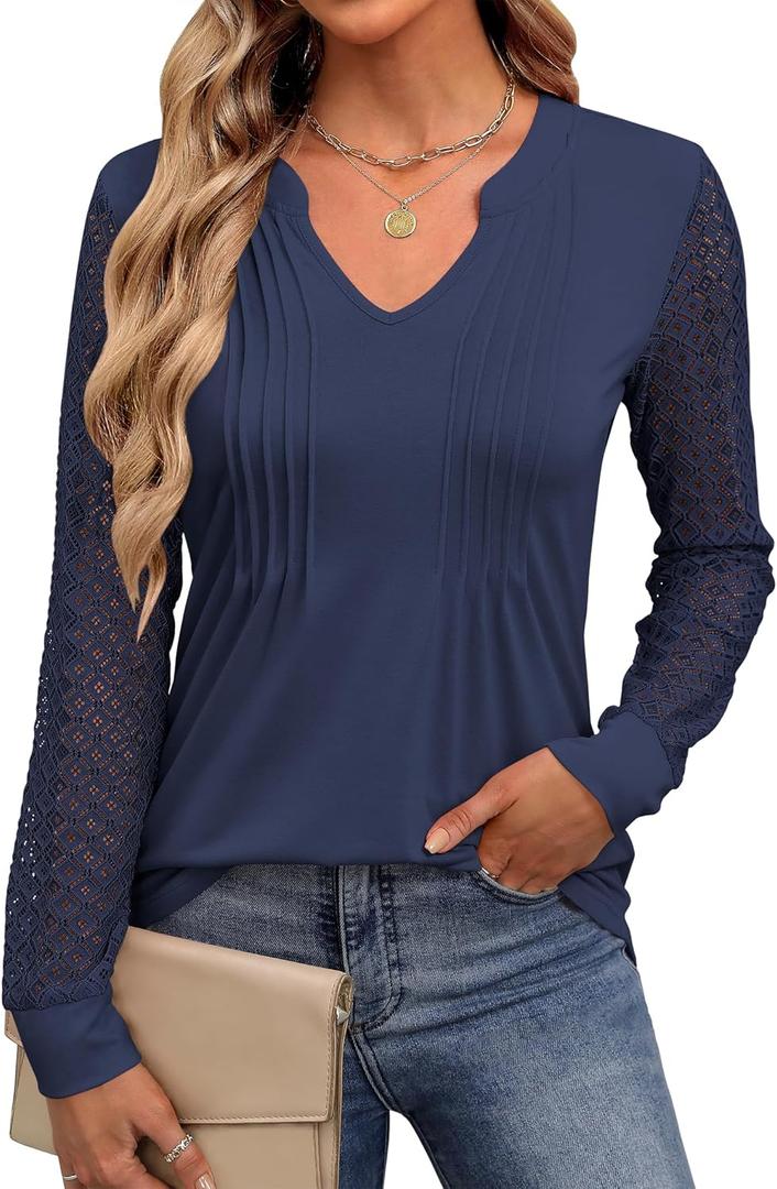 ANRABESS Women Long Sleeve Shirts V Neck Pleated Tunic Top Business Dressy Casual Blouse 2025 Fall Fashion Outfits (XL)