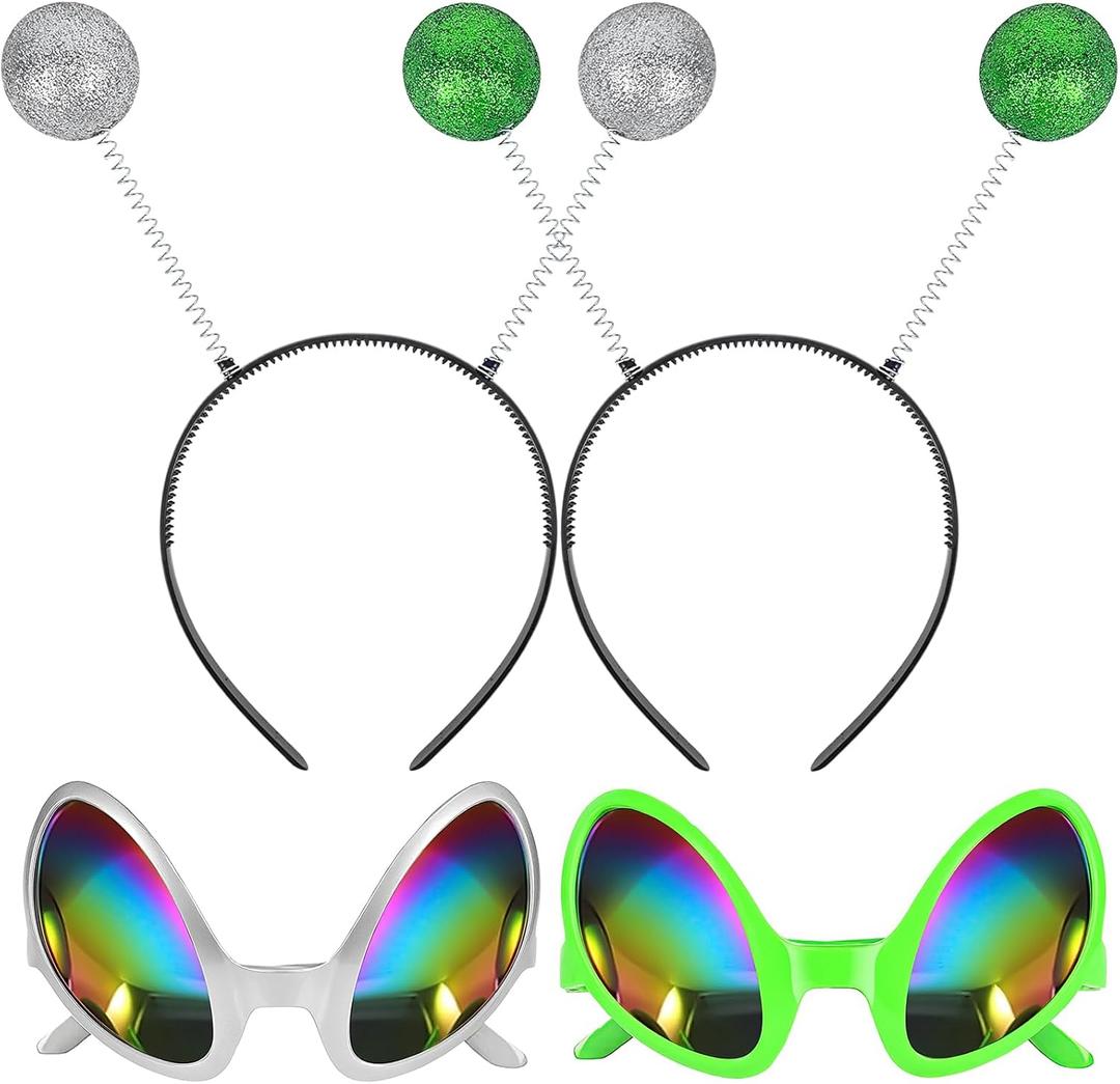 2 Pairs Alien Headband and Glasses, Alien Antenna Headband for Adult Women Space Theme Costume for Halloween Dress Up