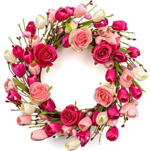 Artifical Valentine's Day Wreath 20 Inches Valentines Wreaths for Front Door Valentines Door Wreath Valentines Floral Wreaths with Rose Tulips Flowers for Wall Window Porch Home Wedding Party