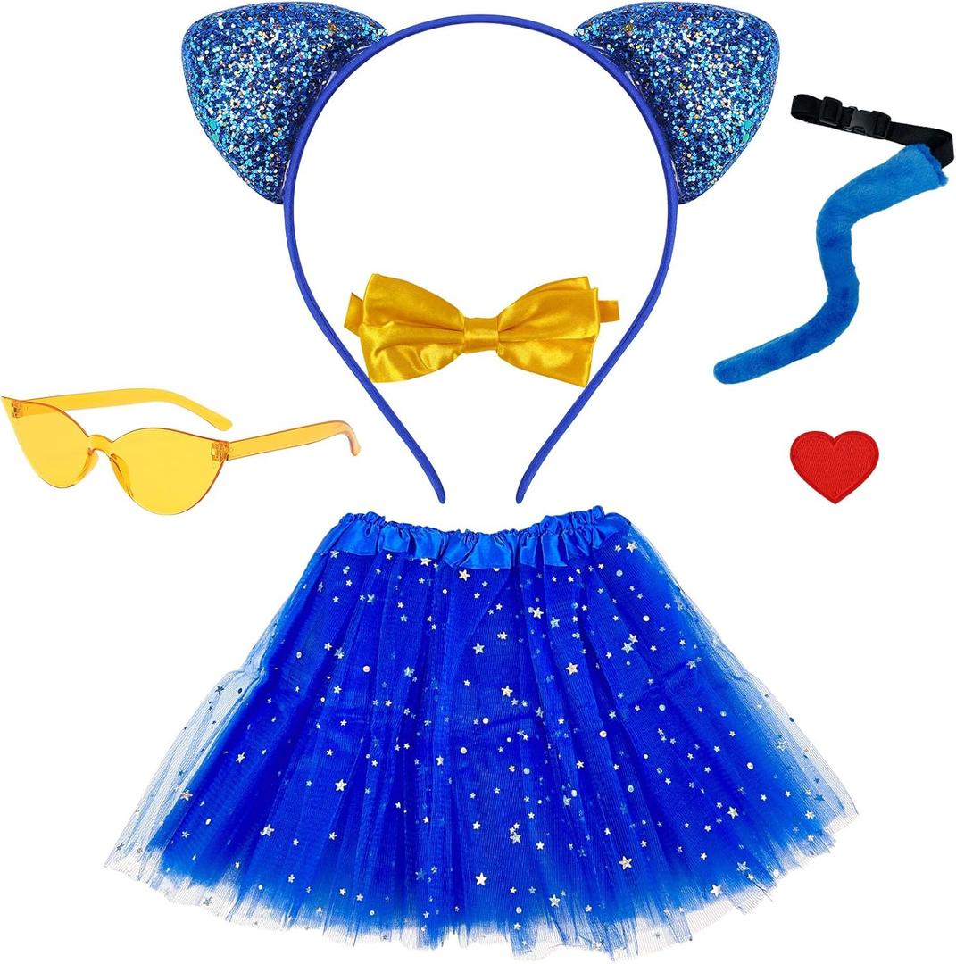 Blue Cat Costume Cat Ears Fur Tail Blue Sequin Tutu Bowtie Cat Sunglasses Accessories Set for Halloween Cosplay Party Dress up