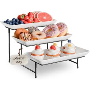 3 Tier Plastic Serving Tray for Party, 11.5" x 5.6" Platters for Serving Food, Microwave-Safe, White Reusable Trays with Black Metal Display Stand for Cupcakes, Sevring Food, Dessert, Fruit, Black