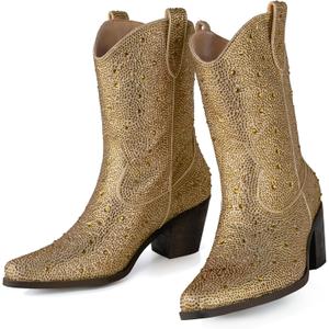 Womens Rhinestone Cowboy Boots Pointed Toe Mid Calf Boots Sparkly Block Heel Cowgirl Boots with Pull On Tabs (10, Gold)