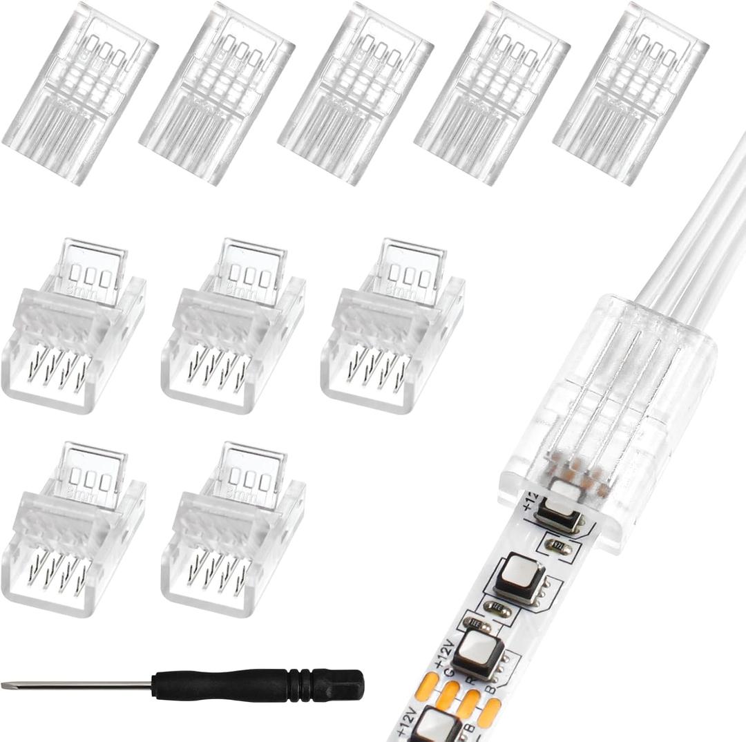 RGBZONE 10Pcs LED Strip Connector 4 Pin 8mm,Wide Strip to Wire Quick Connectors for Waterproof or Non-Waterproof 8mm Wide RGB SMD 5050/3528 LED Light Strip