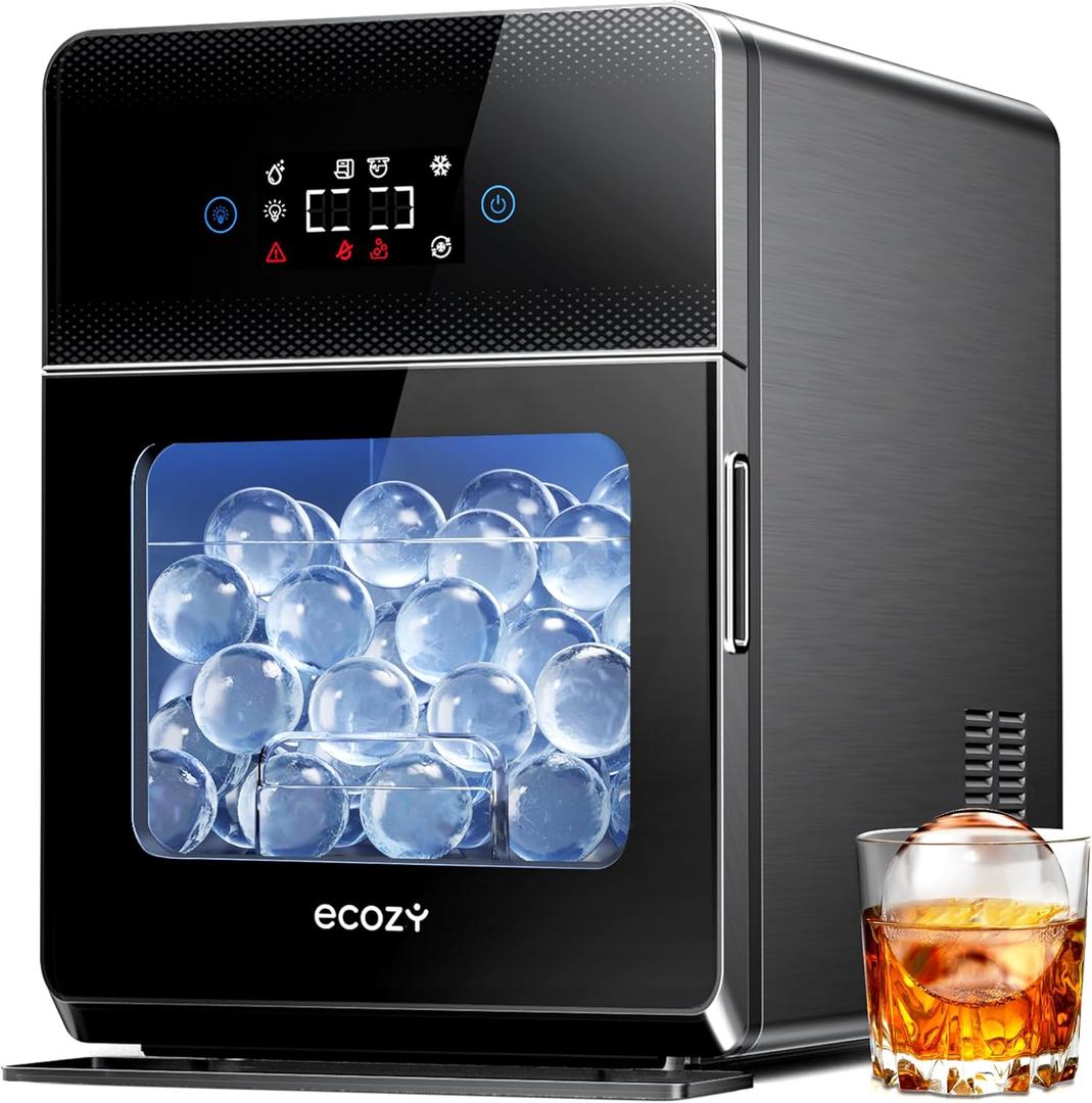 ecozy 2" Clear Ice Ball Maker Countertop with CrystalFlux Technology, 4 pcs in 40 Mins, 144 pcs/Day, Sphere Ice Maker with Enhanced Insulation, Automatic Water Supply, Self-Cleaning for Whiskey Bar (Matte Black)