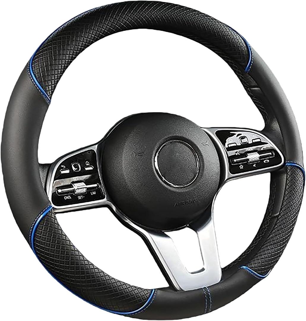 Steering Wheel Cover, Premium Nappa Leather Non-Slip Breathable Grip, Universal Fit for Car SUV Truck, 14.5-15 Inch (37-38.5 cm) (Black and Blue)