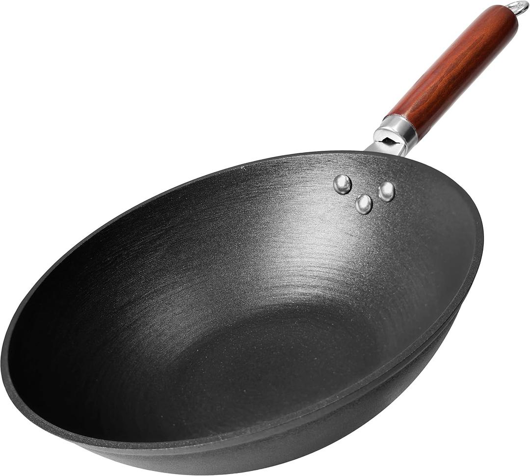 21st & Main Wok, Stir Fry Pan, Wooden Handle, 11 Inch, Lightweight Cast Iron, chefs pan, pre-seasoned nonstick, for Chinese Japanese and other cooking