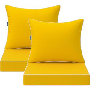 MIULEE Yellow Outdoor Seat Cushion 24x24 Inch Set of 2 Waterproof & 3 Year Fade Resistant Deep Seat and Back Cushion for Patio Furniture Chair Sofa Couch with Handle and Adjustable Straps