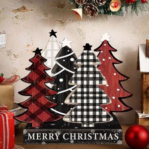 Pinkunn Christmas Tree Table Sign Wooden Christmas Tabletop Centerpiece Decor Rustic Decorative Farmhouse Xmas Table Decoration for Home Shelf Desk(Classic)