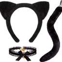 JIALWEN Black Cat Costumes Set Cat Ears Headband with Tail  Halloween Party Cosplay Dress Up Accessories for Adults Women Girls