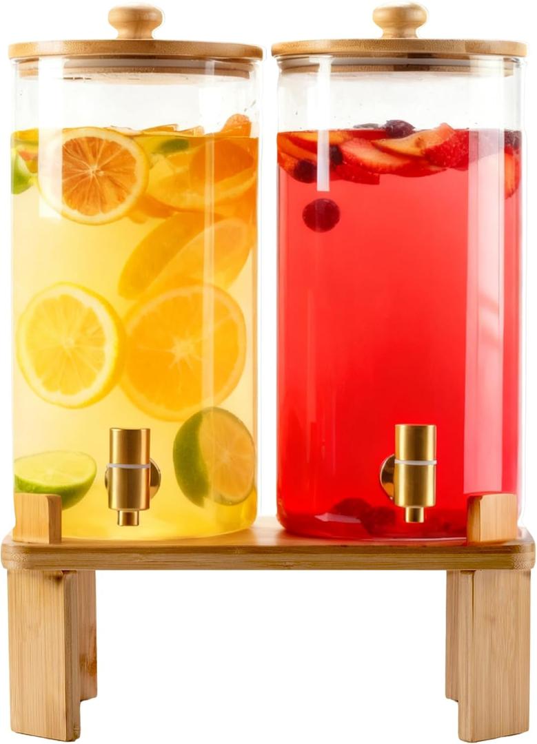 1.5 Gallon 2 Pack Glass Drink dispenser for parties,Beverage Dispenser With Wood Stand,Water Dispensers with spigot,lemonade dispenser,juice containers & water pitcher with lid
