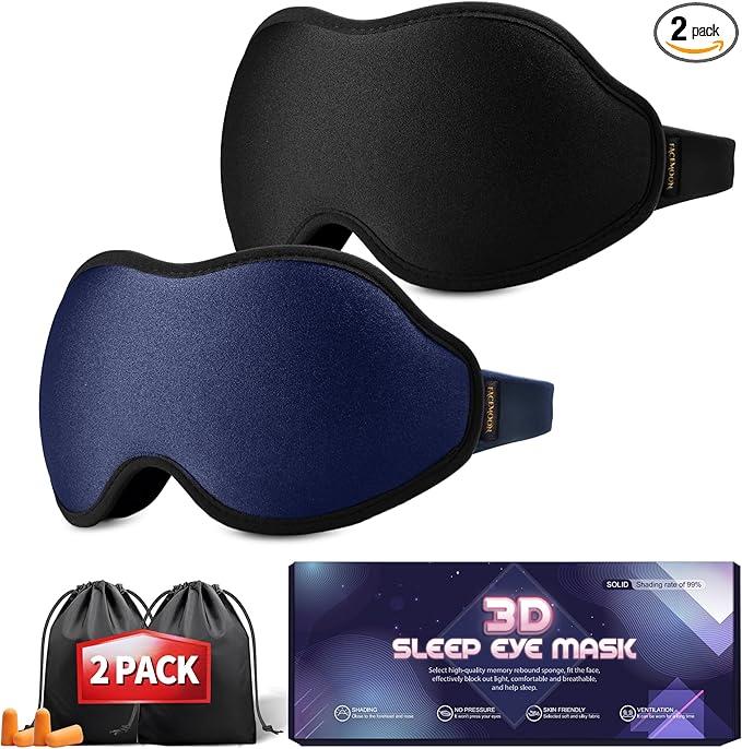 Sleep Masks for Women Men - Blackout Eye Cover for Lash Extension, 3D Contoured Sleep Mask for Side Sleeper, Soft Memory Foam, Sleep Masks for Travel, Airplane, Night(Cloud Black, Cloud Blue)