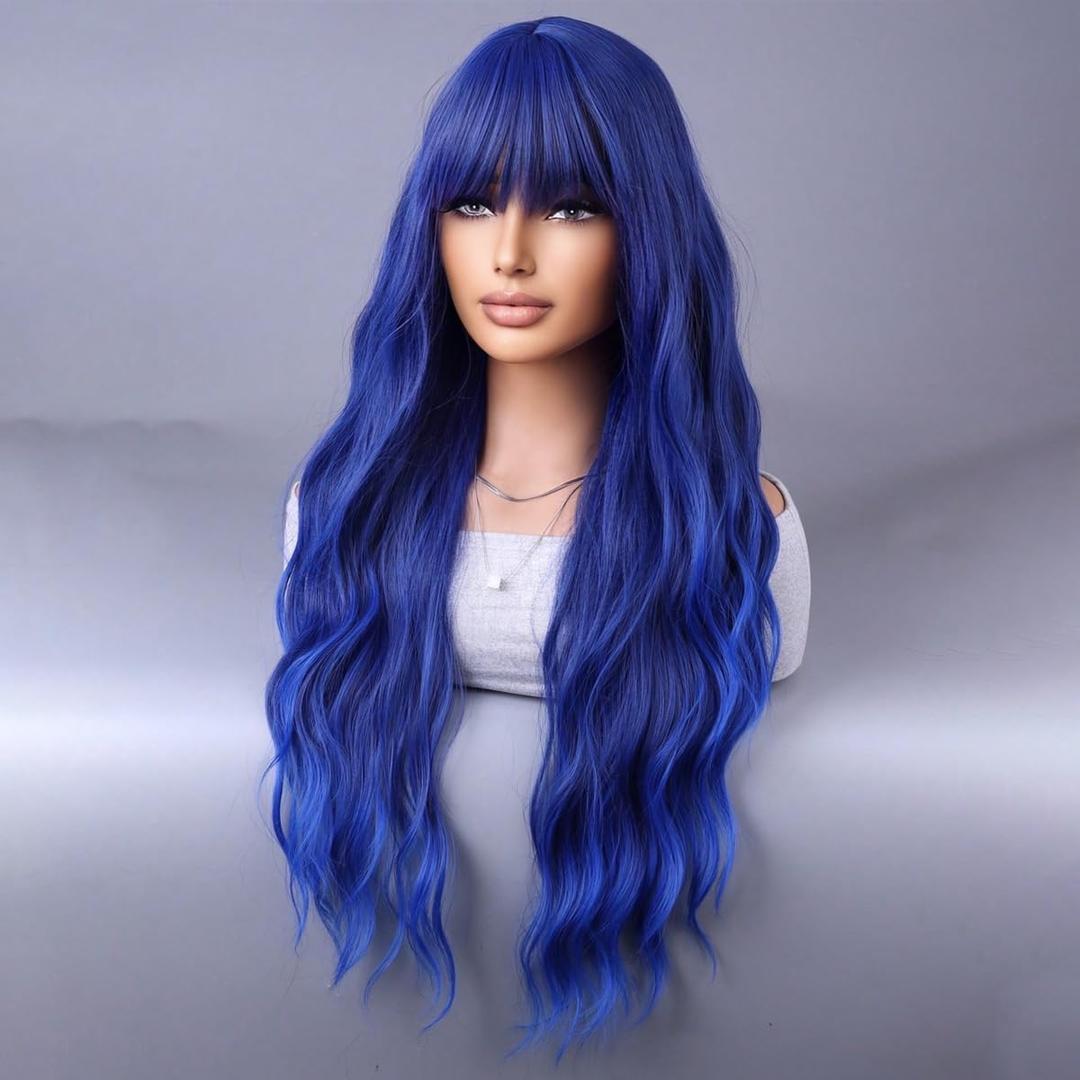 Dark Blue Wigs for Women Long Curly Wavy Blue Wig with Bangs Heat Resistant Synthetic Wigs for Cosplay Costume Party