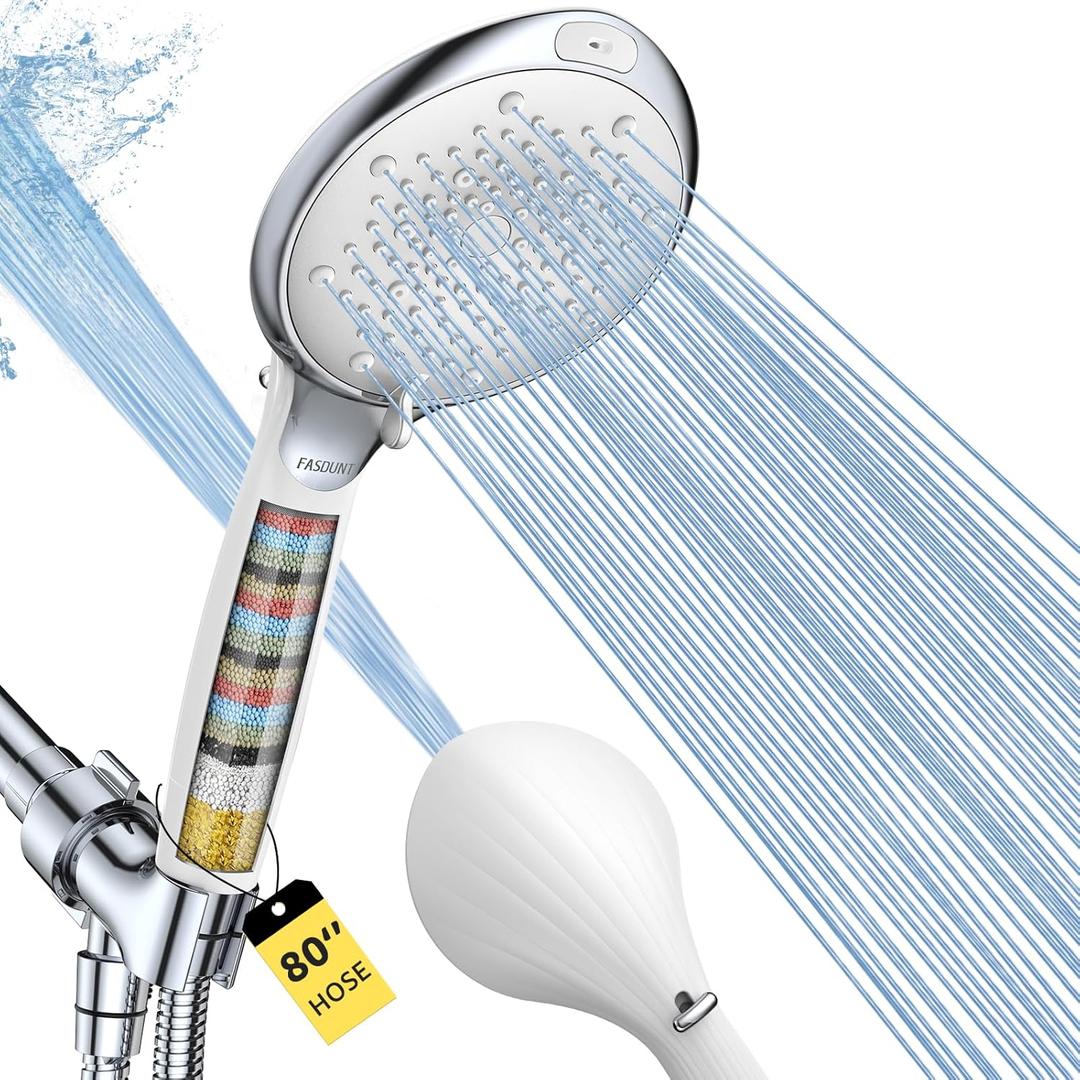 FASDUNT Filtered Shower Head with Handheld, High Pressure 8-Mode Handheld Showerhead with Filters for Hard Water -Remove Chlorine, Built-in Power Wash, Extra Long 80" Hose & Adjustable Bracket