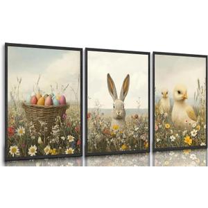 3pcs Vintage Bunny Canvas Wall Art Spring Easter Watercolor Floral Rabbit Eggs Chick Canvas Paintings Posters for Living Room Bedroom Kids Room Baby Room Decor Unframed (12x16)