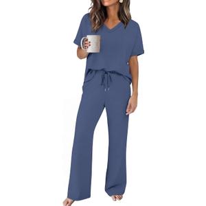 Sampeel Lounge Sets for Women V Neck Turn-UP Sleeves Tops Wide Leg Pants 2 Piece Sets Oversized Summer Vacation Outfits 2026, Small 