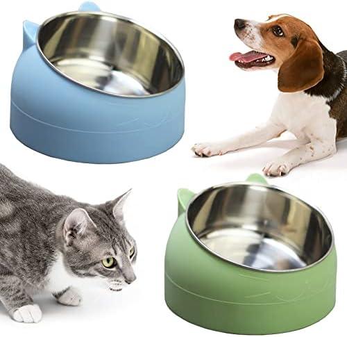 PINVNBY 2PCS Raised Cat Bowl Tilted 15° Slanted Elevated Bulldog Feeder Non-Spill Dog Kitten Food Dish Anti-Slip Detachable Pet Stainless Steel Slope Base for Small Pets (13.5oz/400ML Green+Blue)