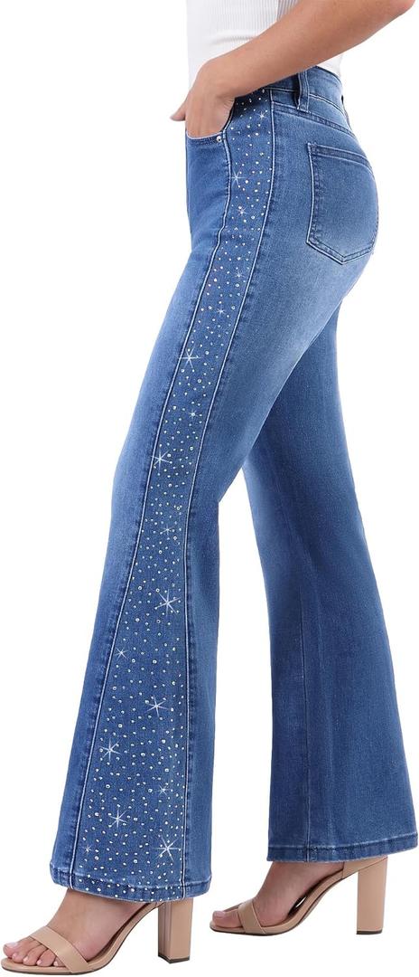 GRAPENT Womens Rhinestone Flare Jeans High Waisted Wide Leg Denim Pants, Darkness Blue, Large