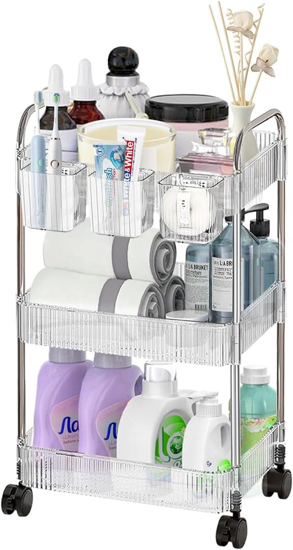 3 Tier Rolling Cart with Hanging Basket, Easy Assembly Acrylic Storage Carts with Lockable Wheels, Utility Cart Storage Organizer Serving for Office, Living Room, Kitchen, Bathroom